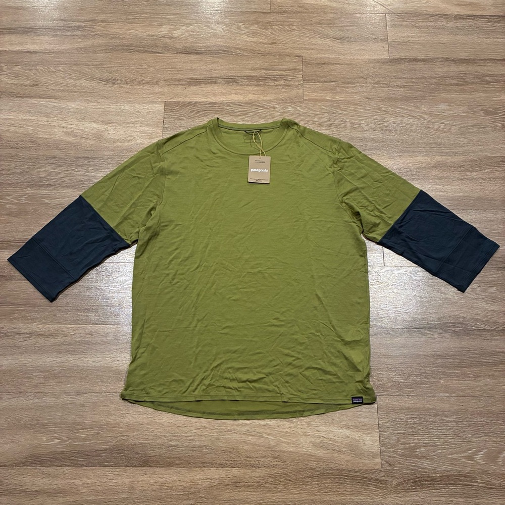 Patagonia Mens MERINO BLEND 3/4 SLEEVE BIKE t shirt JERSEY size L Large Green